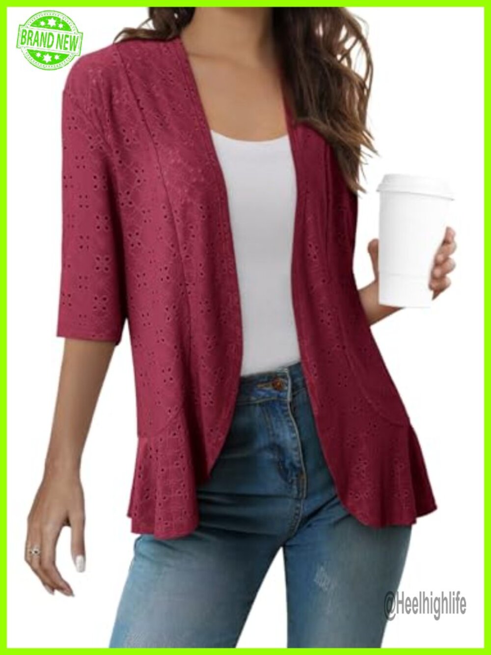 Lightweight Summer Netted Knit Ruffle Half Sleeve Kimono Cardigan